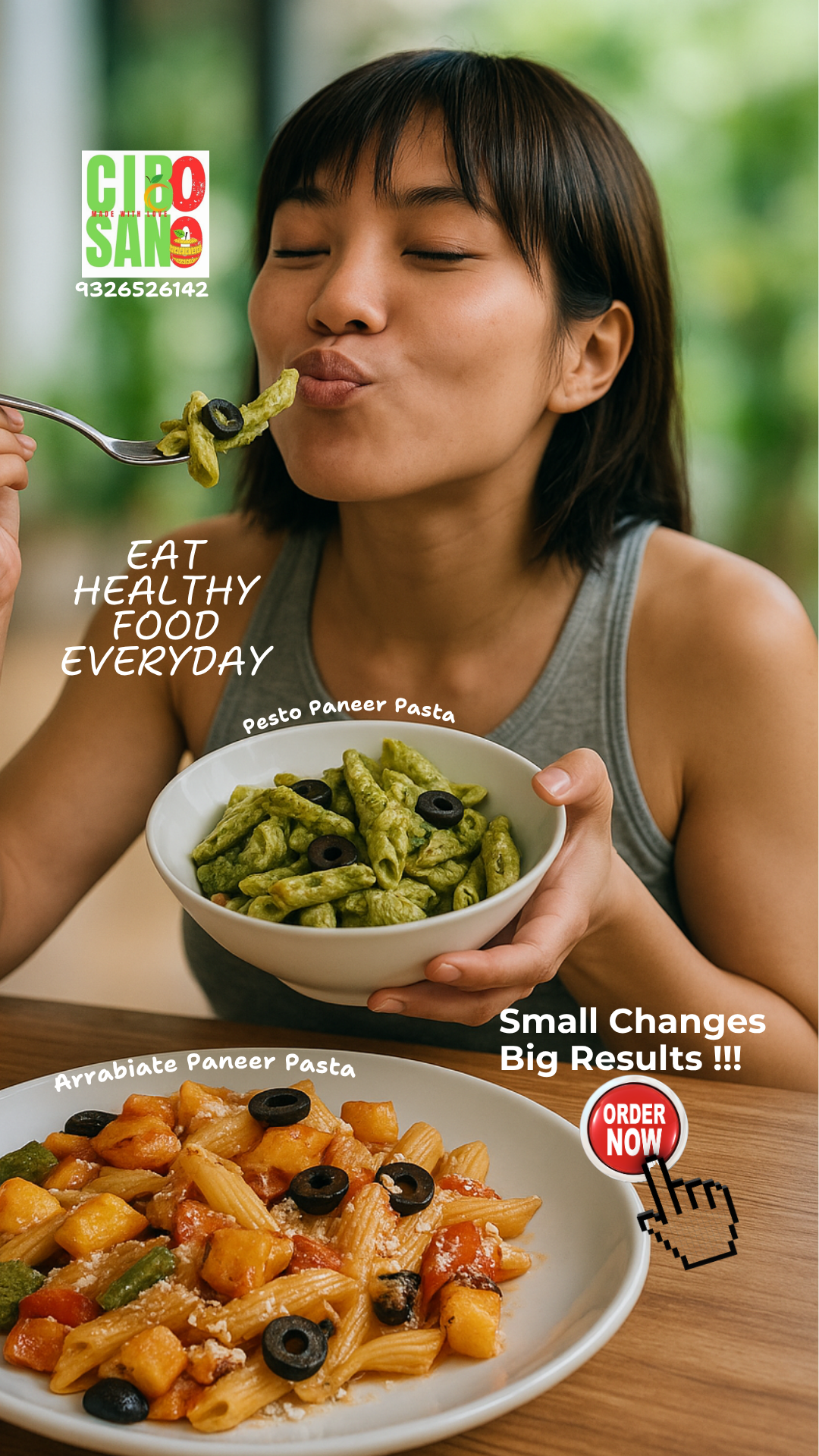 Woman eating pasta with text promoting healthy eating and ordering pasta.cibosano healthy meals Mulund west