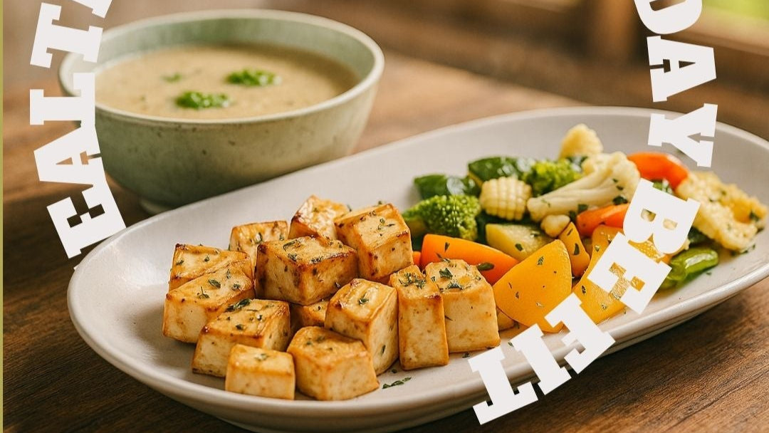 Promotional image for a meal delivery service with a plate of food and text on a green background. Cibosano healthy meals paneer Salad