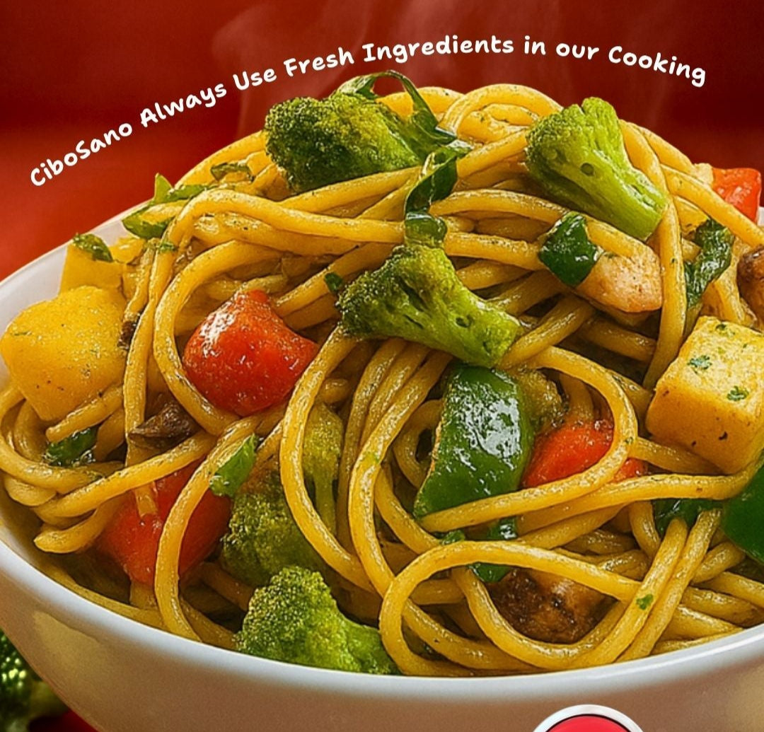 Spaghetti dish with vegetables in a white bowl on a red background with Cibo Sano branding.singapore noodles cibosano healthy meals Mulund west